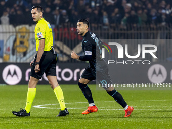 Mattia Zaccagni plays during the Serie A match between AC Monza and SS Lazio at U-Power Stadium in Monza, Italy, on November 10, 2024. (