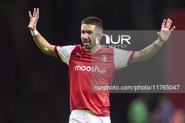 Joao Moutinho of SC Braga reacts during the Liga Portugal Betclic match between SC Braga and Sporting CP at Estadio Municipal de Braga in Br...