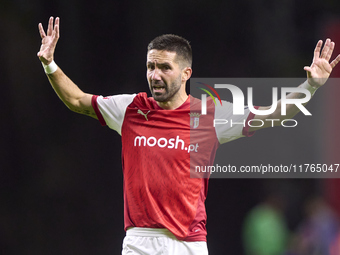 Joao Moutinho of SC Braga reacts during the Liga Portugal Betclic match between SC Braga and Sporting CP at Estadio Municipal de Braga in Br...