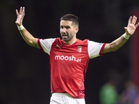 Joao Moutinho of SC Braga reacts during the Liga Portugal Betclic match between SC Braga and Sporting CP at Estadio Municipal de Braga in Br...