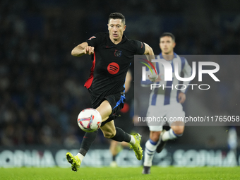 Robert Lewandowski centre-forward of Barcelona and Poland in action during the LaLiga match between Real Sociedad and FC Barcelona at Reale...