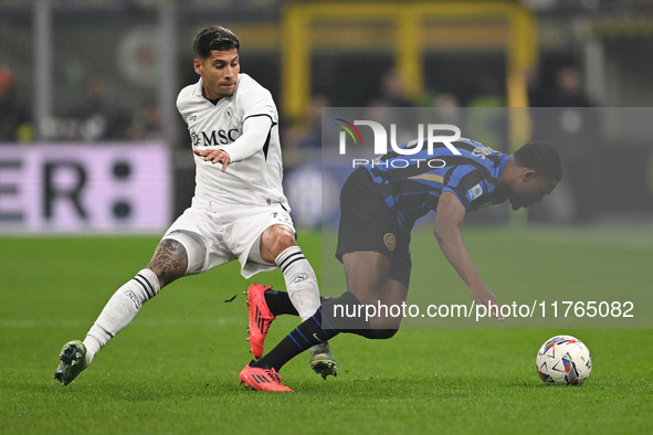 Denzel Dumfries of FC Inter participates in the Italian Serie A football match between AC Monza and Inter FC Internazionale in Monza, Italy,...