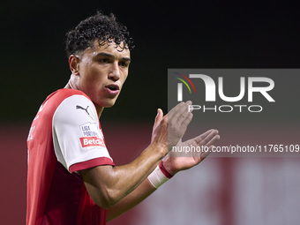 Vitor Carvalho of SC Braga reacts during the Liga Portugal Betclic match between SC Braga and Sporting CP at Estadio Municipal de Braga in B...