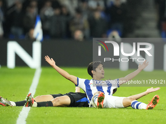 Takefusa Kubo right winger of Real Sociedad and Japan reacts during the LaLiga match between Real Sociedad and FC Barcelona at Reale Arena o...