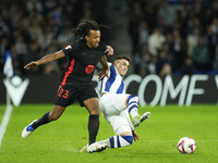 Jules Kounde centre-back of Barcelona and France and Ander Barrenetxea left winger of Real Sociedad and Spain compete for the ball during th...