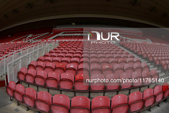 The MFC logo is in the seats at the Riverside Stadium during the Sky Bet Championship match between Middlesbrough and Luton Town at the Rive...