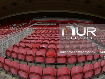 The MFC logo is in the seats at the Riverside Stadium during the Sky Bet Championship match between Middlesbrough and Luton Town at the Rive...