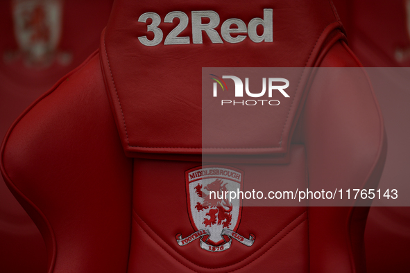 The Middlesex Club Badge is on the dugout seats during the Sky Bet Championship match between Middlesbrough and Luton Town at the Riverside...