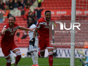 Delano Burgzorg scores to put Middlesbrough 1-0 during the Sky Bet Championship match between Middlesbrough and Luton Town at the Riverside...