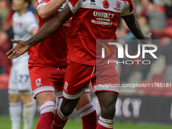 Emmanuel Latte Lath of Middlesbrough celebrates putting Middlesbrough 2-0 up during the Sky Bet Championship match between Middlesbrough and...