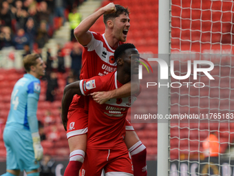 Emmanuel Latte Lath of Middlesbrough celebrates putting Middlesbrough 2-0 up during the Sky Bet Championship match between Middlesbrough and...