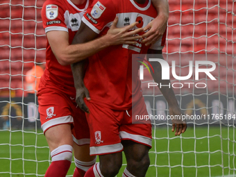 Middlesbrough's Emmanuel Latte Lath and Hayden Hackney participate in the Sky Bet Championship match between Middlesbrough and Luton Town at...