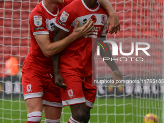 Emmanuel Latte Lath of Middlesbrough celebrates putting Middlesbrough 2-0 up during the Sky Bet Championship match between Middlesbrough and...