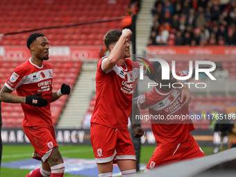 Emmanuel Latte Lath of Middlesbrough celebrates putting Middlesbrough 2-0 up during the Sky Bet Championship match between Middlesbrough and...