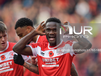 Emmanuel Latte Lath of Middlesbrough celebrates putting Middlesbrough 2-0 up during the Sky Bet Championship match between Middlesbrough and...