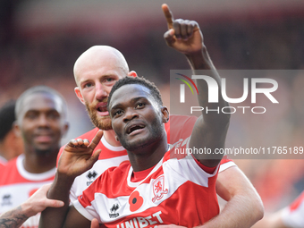 Emmanuel Latte Lath of Middlesbrough celebrates putting Middlesbrough 2-0 up during the Sky Bet Championship match between Middlesbrough and...