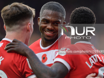 Anfernee Dijksteel of Middlesbrough celebrates Emmanuel Latte Lath's goal for Middlesbrough during the Sky Bet Championship match between Mi...