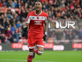 Delano Burgzorg of Middlesbrough celebrates his second goal, putting Middlesbrough 4-0 ahead during the Sky Bet Championship match between M...