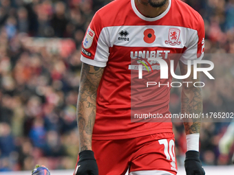 Delano Burgzorg of Middlesbrough celebrates his second goal, putting Middlesbrough 4-0 ahead during the Sky Bet Championship match between M...