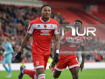 Delano Burgzorg of Middlesbrough celebrates his second goal, putting Middlesbrough 4-0 ahead during the Sky Bet Championship match between M...