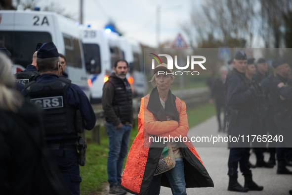 A woman walks near riot policemen who protect the cutting of trees for the LGV project. The gendarmerie blocks access to one of the rivers o...