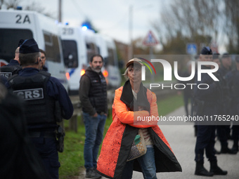 A woman walks near riot policemen who protect the cutting of trees for the LGV project. The gendarmerie blocks access to one of the rivers o...