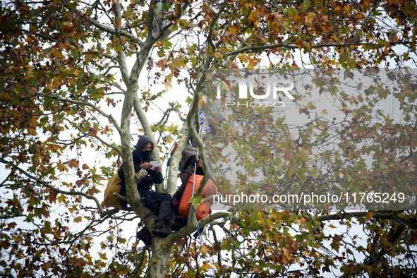 One of the two 'ecureuils' living in a tree to be cut reads a poem. The gendarmerie blocks access to one of the rivers of the Canal du Midi...