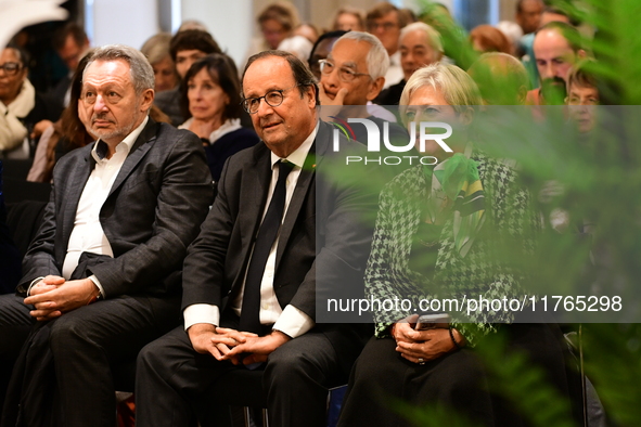 Former President of the Republic Francois Hollande and Mayor of Vaulx en Velin Helene Geoffroy meet in Lyon, France, on November 10, 2024, f...