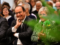 Former President of the Republic Francois Hollande and Mayor of Vaulx en Velin Helene Geoffroy meet in Lyon, France, on November 10, 2024, f...