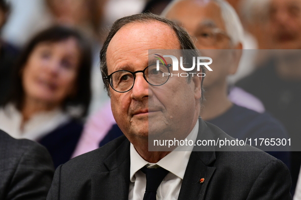 Former President of the Republic Francois Hollande and Mayor of Vaulx en Velin Helene Geoffroy meet in Lyon, France, on November 10, 2024, f...