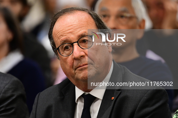 Former President of the Republic Francois Hollande and Mayor of Vaulx en Velin Helene Geoffroy meet in Lyon, France, on November 10, 2024, f...