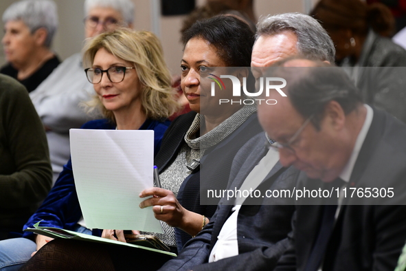 Former President of the Republic Francois Hollande and Mayor of Vaulx en Velin Helene Geoffroy meet in Lyon, France, on November 10, 2024, f...