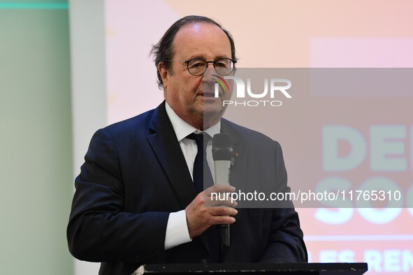 Former President of the Republic Francois Hollande and Mayor of Vaulx en Velin Helene Geoffroy meet in Lyon, France, on November 10, 2024, f...