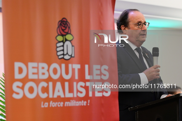 Former President of the Republic Francois Hollande and Mayor of Vaulx en Velin Helene Geoffroy meet in Lyon, France, on November 10, 2024, f...