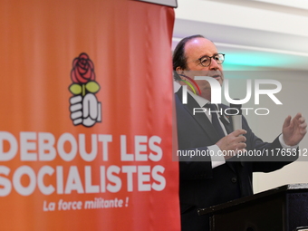 Former President of the Republic Francois Hollande and Mayor of Vaulx en Velin Helene Geoffroy meet in Lyon, France, on November 10, 2024, f...