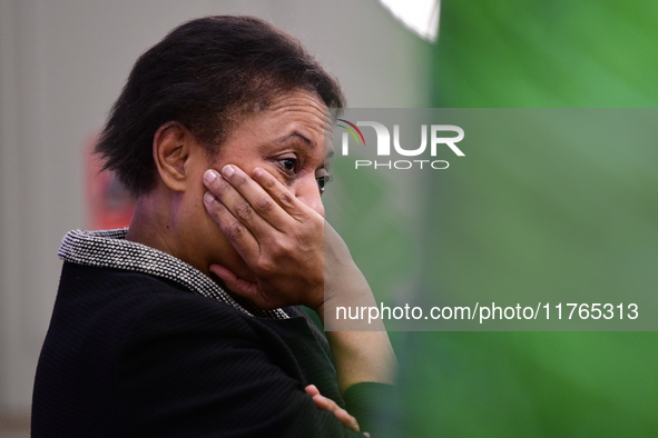 Former President of the Republic Francois Hollande and Mayor of Vaulx en Velin Helene Geoffroy meet in Lyon, France, on November 10, 2024, f...