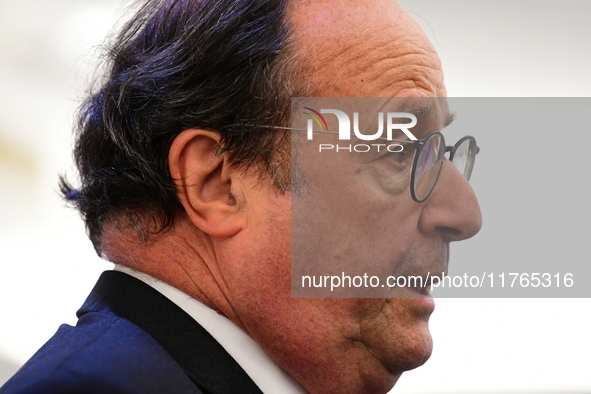 Former President of the Republic Francois Hollande and Mayor of Vaulx en Velin Helene Geoffroy meet in Lyon, France, on November 10, 2024, f...