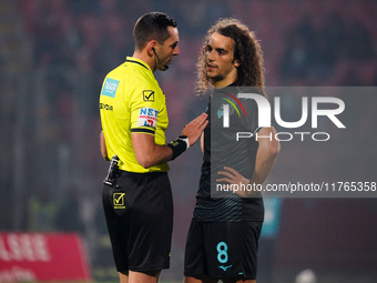 Matteo Guendouzi and Andrea Colombo, referee, are present during the match between AC Monza and SS Lazio in Serie A at U-Power Stadium in Mo...