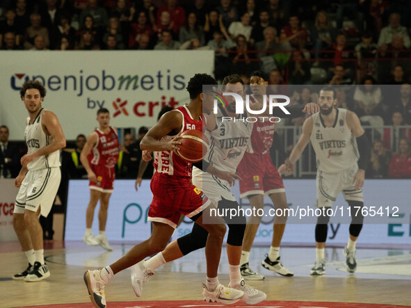 Jaylen Hands of Openjobmetis Varese and Marco Belinelli of Virtus Bologna participate in the LBA Italy Championship match between Openjobmet...