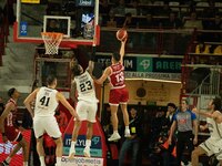 Matteo Librizzi of Openjobmetis Varese participates in the LBA Italy Championship match between Openjobmetis Varese and Virtus Bologna in Va...