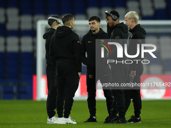 Lamine Yamal right winger of Barcelona and Spain with his teammates prior the LaLiga match between Real Sociedad and FC Barcelona at Reale A...