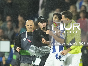 Mikel Oyarzabal centre-forward of Real Sociedad and Spain and Takefusa Kubo right winger of Real Sociedad and Japan celebrate victory after...