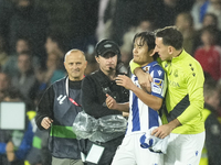 Mikel Oyarzabal centre-forward of Real Sociedad and Spain and Takefusa Kubo right winger of Real Sociedad and Japan celebrate victory after...