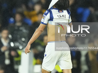 Takefusa Kubo right winger of Real Sociedad and Japan celebrates victory after the LaLiga match between Real Sociedad and FC Barcelona at Re...