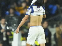 Takefusa Kubo right winger of Real Sociedad and Japan celebrates victory after the LaLiga match between Real Sociedad and FC Barcelona at Re...