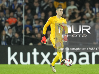 Inaki Pena goalkeeper of Barcelona and Spain controls the ball during the LaLiga match between Real Sociedad and FC Barcelona at Reale Arena...