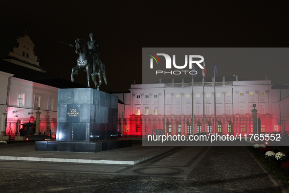 A view of the Presidential Palace illuminated in Polish flag a day ahead of the Poland Independence Day in Warsaw, Poland on November 10, 20...