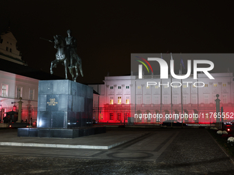 A view of the Presidential Palace illuminated in Polish flag a day ahead of the Poland Independence Day in Warsaw, Poland on November 10, 20...