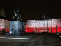 A view of the Presidential Palace illuminated in Polish flag a day ahead of the Poland Independence Day in Warsaw, Poland on November 10, 20...