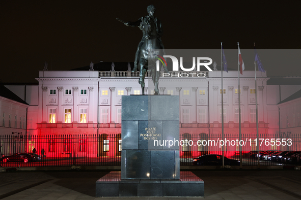 A view of the Presidential Palace illuminated in Polish flag a day ahead of the Poland Independence Day in Warsaw, Poland on November 10, 20...